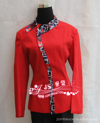【新上市酒店工作服 酒店制服 高檔女服務(wù)員服飾 長(zhǎng)袖紅色拼花JS130】?jī)r(jià)格,廠家,圖片,制服、工作服,廣州市番禺區(qū)大石景盛酒店用品經(jīng)營(yíng)部-